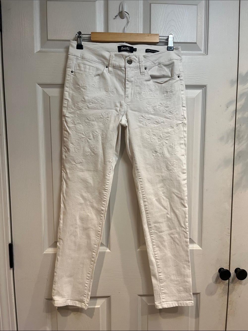Nanette Lepore White Thompson Boyfriend Jeans with Tonal Floral Embroidery